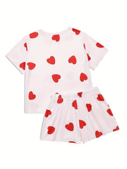 Heart Print Pajama Set Short Sleeve Top & Shorts