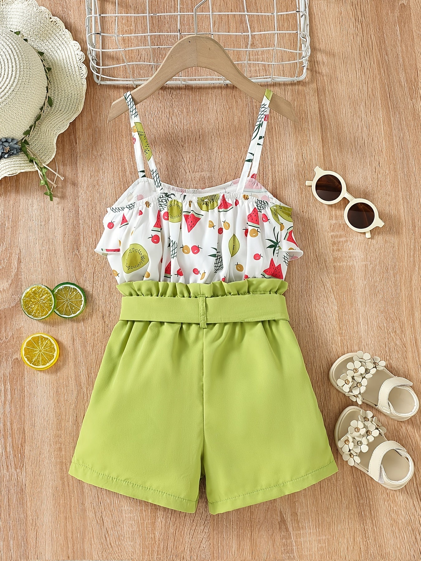 Girls Fruit Print Ruffle Cami Tops And Shorts Set