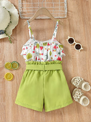 Girls Fruit Print Ruffle Cami Tops And Shorts Set