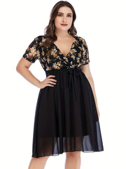 Women's Plus Floral Print Mesh Sleeve Midi Dress