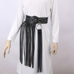  Punk Tassel Skirt PU Belt Rivet Decor Wide Waistband Fringe Girdle