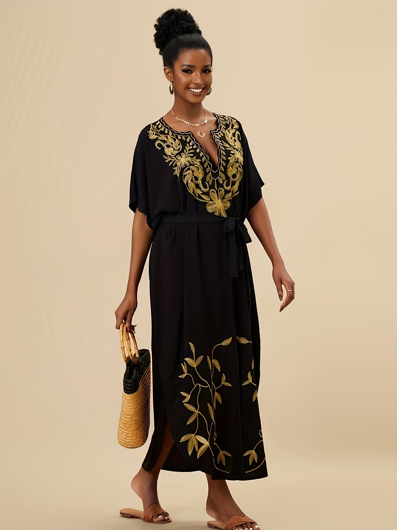 Women's Plus Boho Abaya Dress with Floral Embroidery