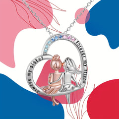 Sisters From Sister Two Little Girls Back Pattern Silvery Heart Necklace