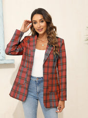 Plaid Print Open Front Dual Pockets Blazer Long Sleeve for Work Women