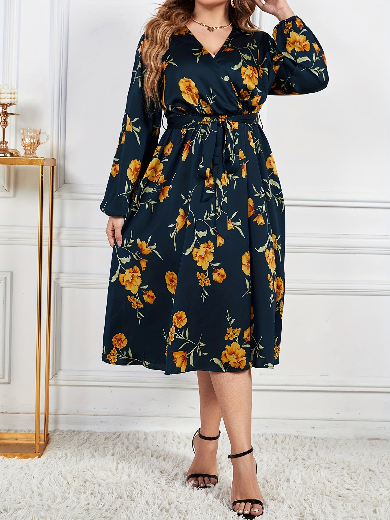 Floral Print Lantern Sleeve Dress with Belt