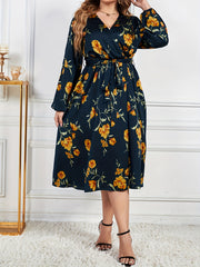 Floral Print Lantern Sleeve Dress with Belt