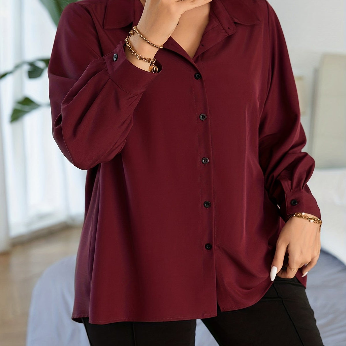  Button Up Lantern Sleeve Blouse