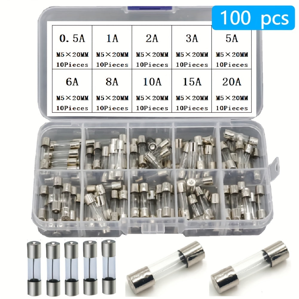 100pcs 5x20mm Fast Blow Glass Fuse Assortment 0.2A-20A Kit