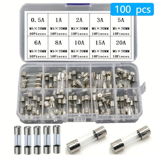 100pcs 5x20mm Fast Blow Glass Fuse Assortment 0.2A-20A Kit