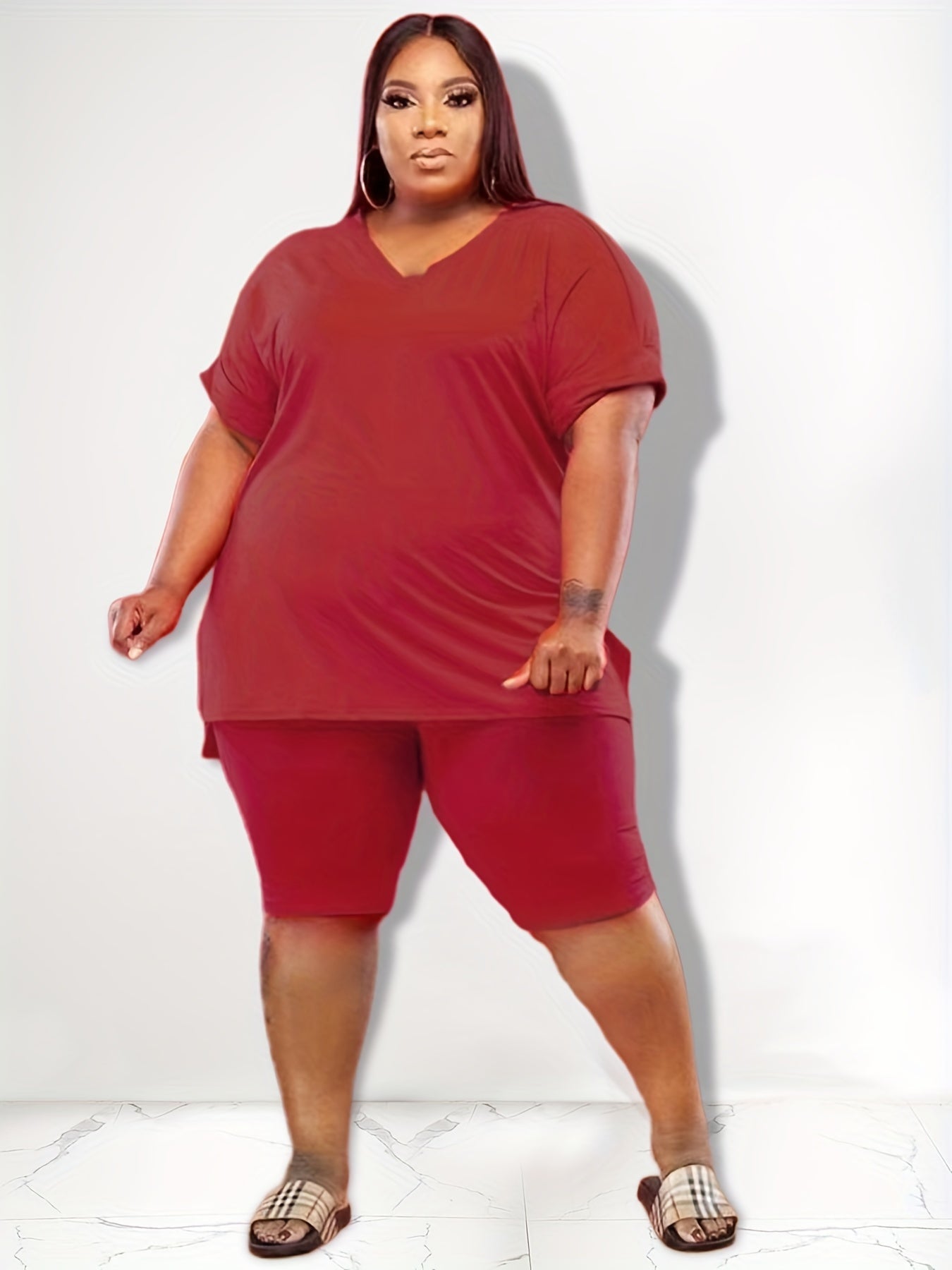 Solid Short Sleeve V Neck Split Tee & Shorts Set