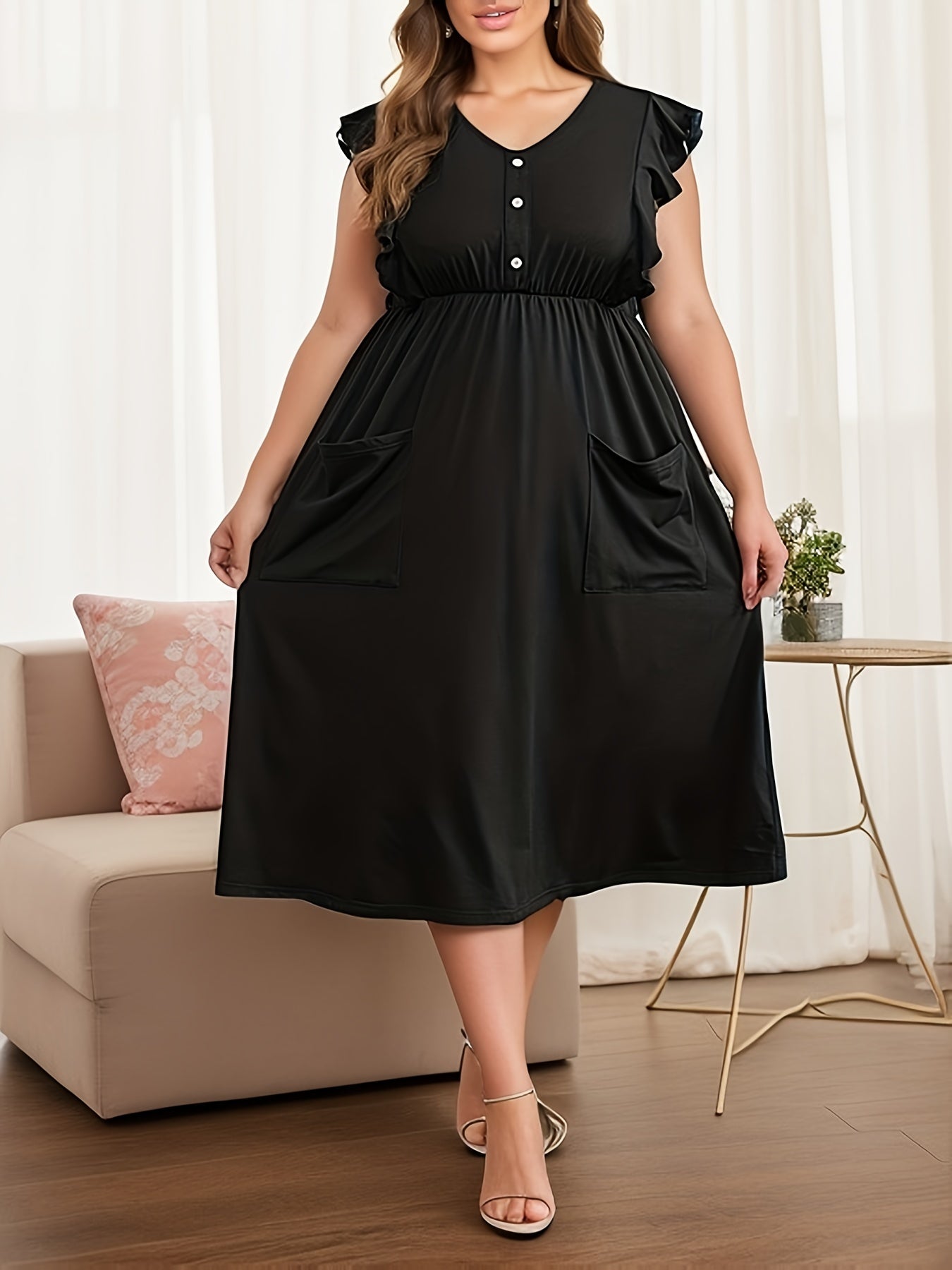  Ruffle Sleeve V Neck Nightdress With Pockets