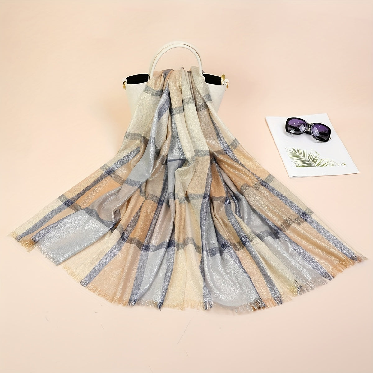 Light Thin Golden Scarf Plaid Large Tassel Shawl Casual Outdoor Inelastic Scarf
