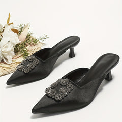 Womens Satin Kitten Heels Rhinestone Slingback