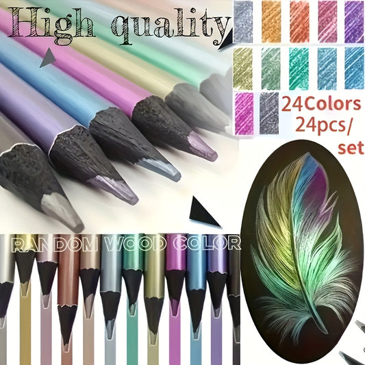 24 Metallic Colored Pencils Art Set for Painting Coloring Doodling DIY Crafts
