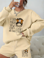  2pcs Set Women's Plus Letter & Graphic Print Sweatshirt & Shorts
