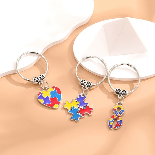 Metal Keychain Diy Four Peach Hearts Squares Ribbon Puzzle Car Keychain