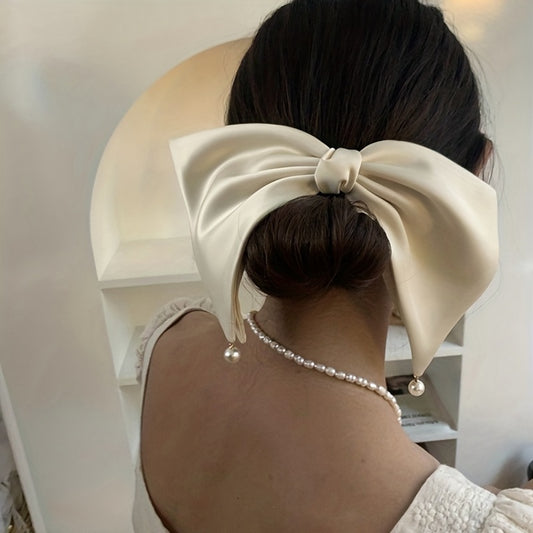 Large Satin Bow Hair Clip With Faux Pearl Tassel Style Barrette