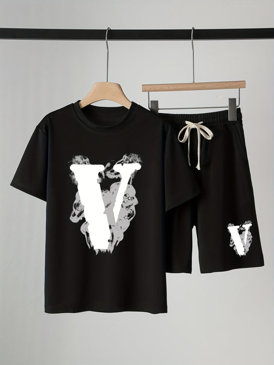 Boys Letter V Print Short Sleeve T shirt & Drawstring Shorts Set