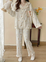 Smiling Face Print Lounge Set Long Sleeve Top & Ruffle Pants