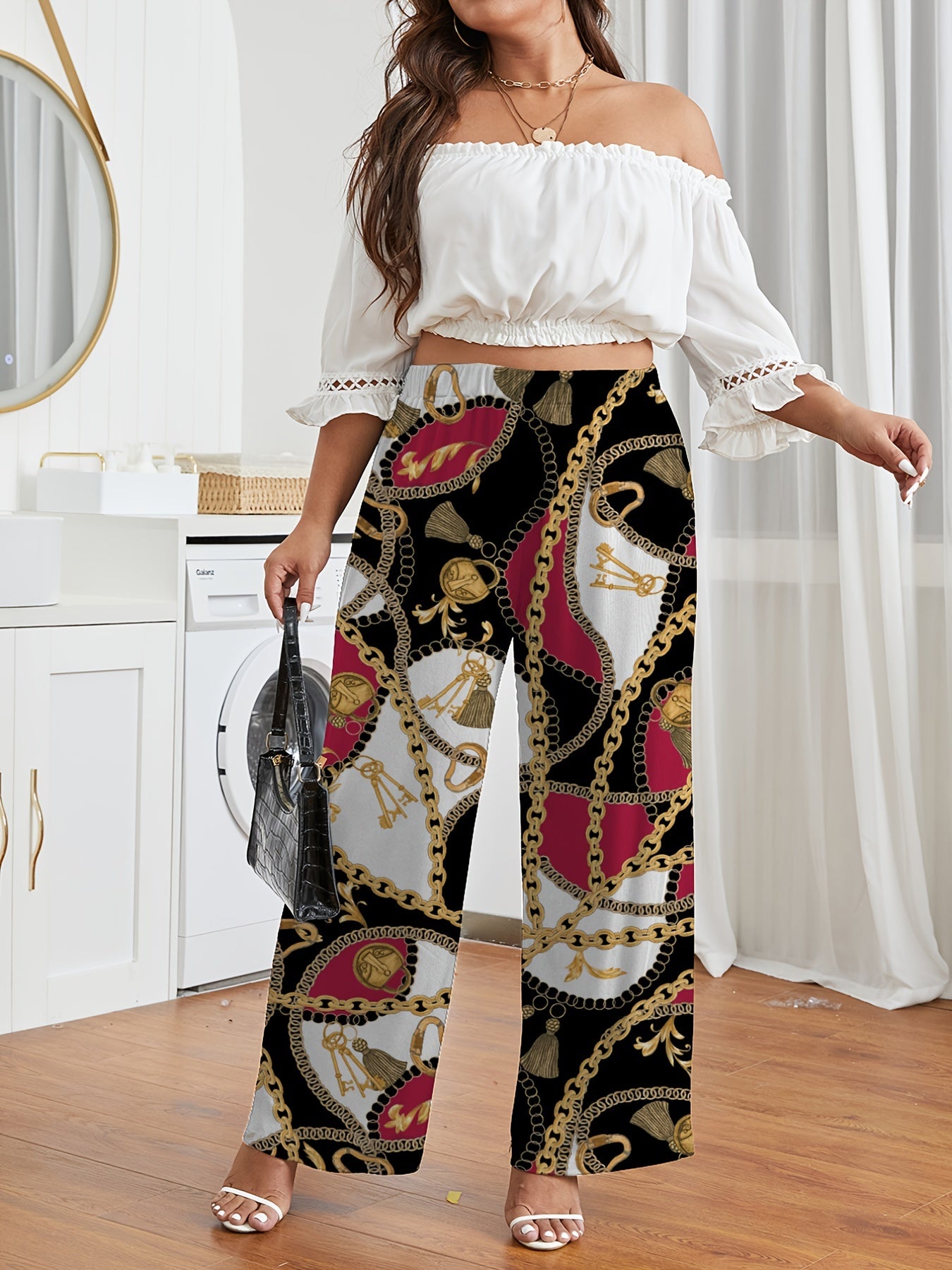 Women's Plus Chain & Lock Paisley Print Wide Leg Elastic Waist Pants