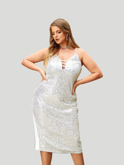  Sequin Cut Out V Neck Midi Cocktail Dress