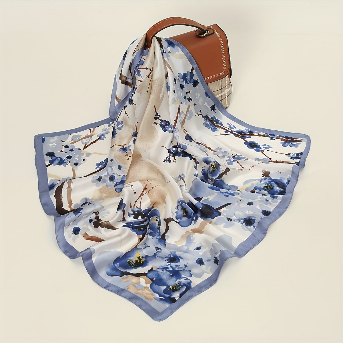 Plum Blossom Print Square Scarf Satin Silk Shawl Tie Dye Bandana