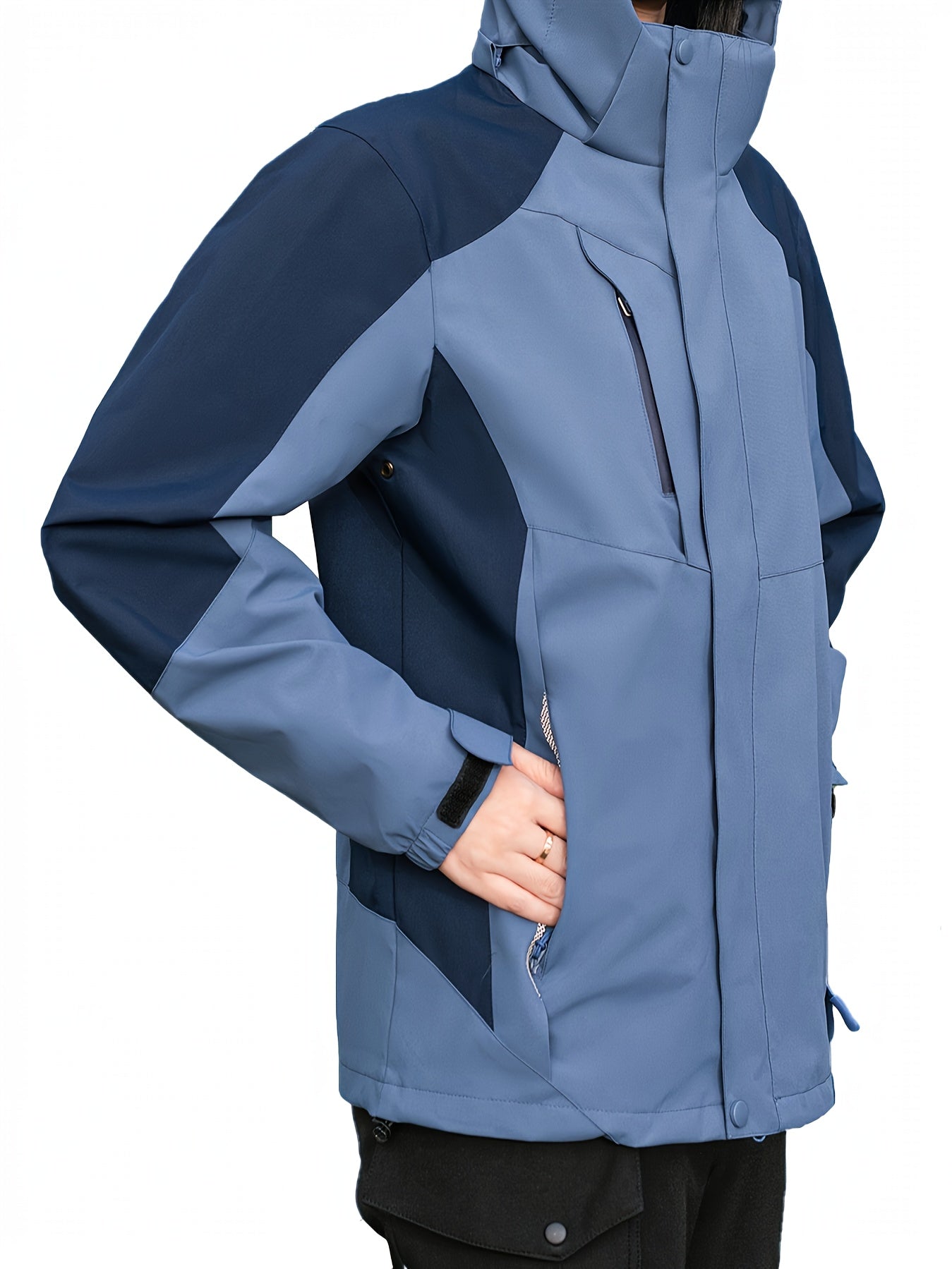  Colorblock Zipper Drawstring Hooded Outdoor Jacket