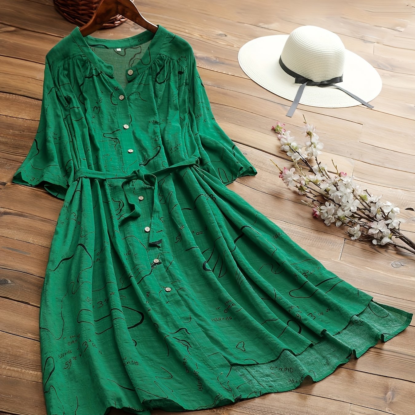  Shirt Dress Abstract Print Stand Collar Button Up