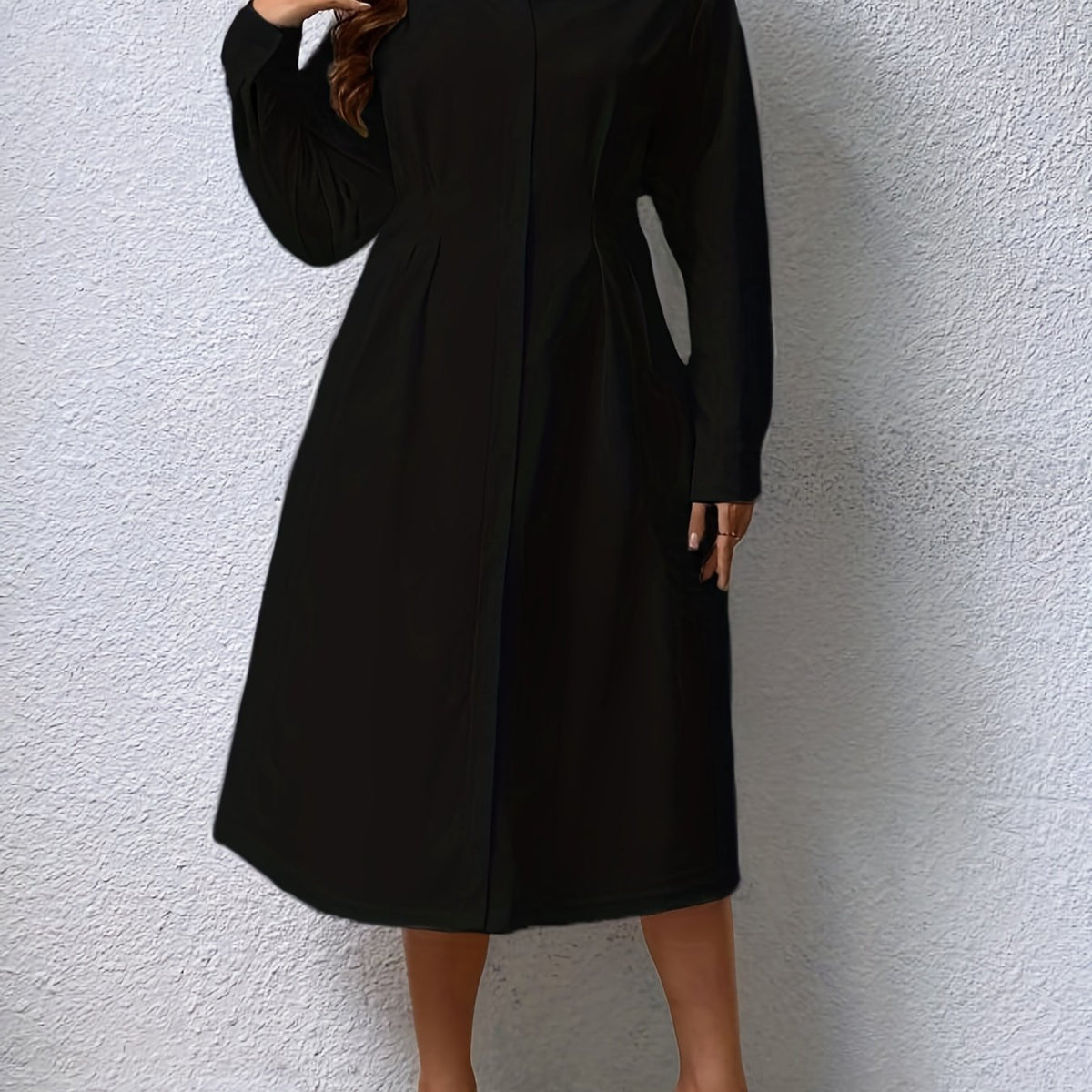  Solid Button Up Long Sleeve Polo Neck Midi Shirt Dress
