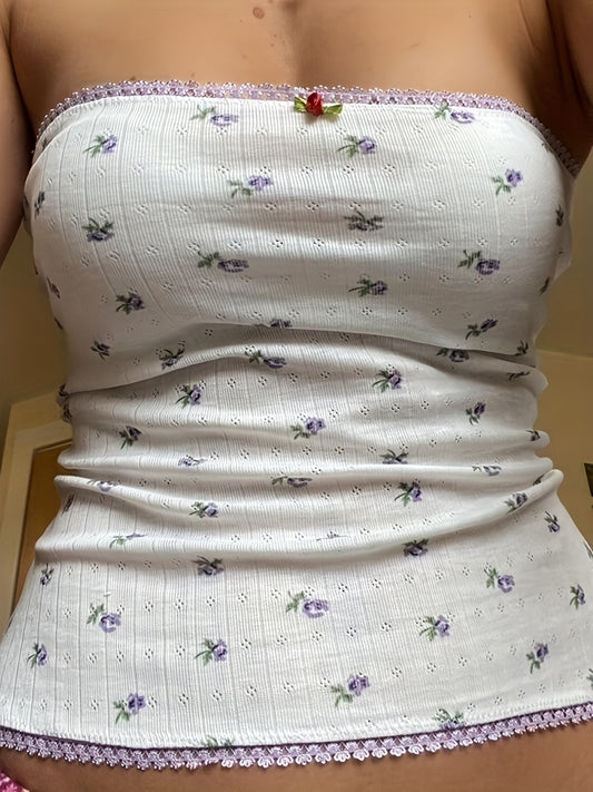 Floral Lace Trim Tube Top Summer Sleeveless