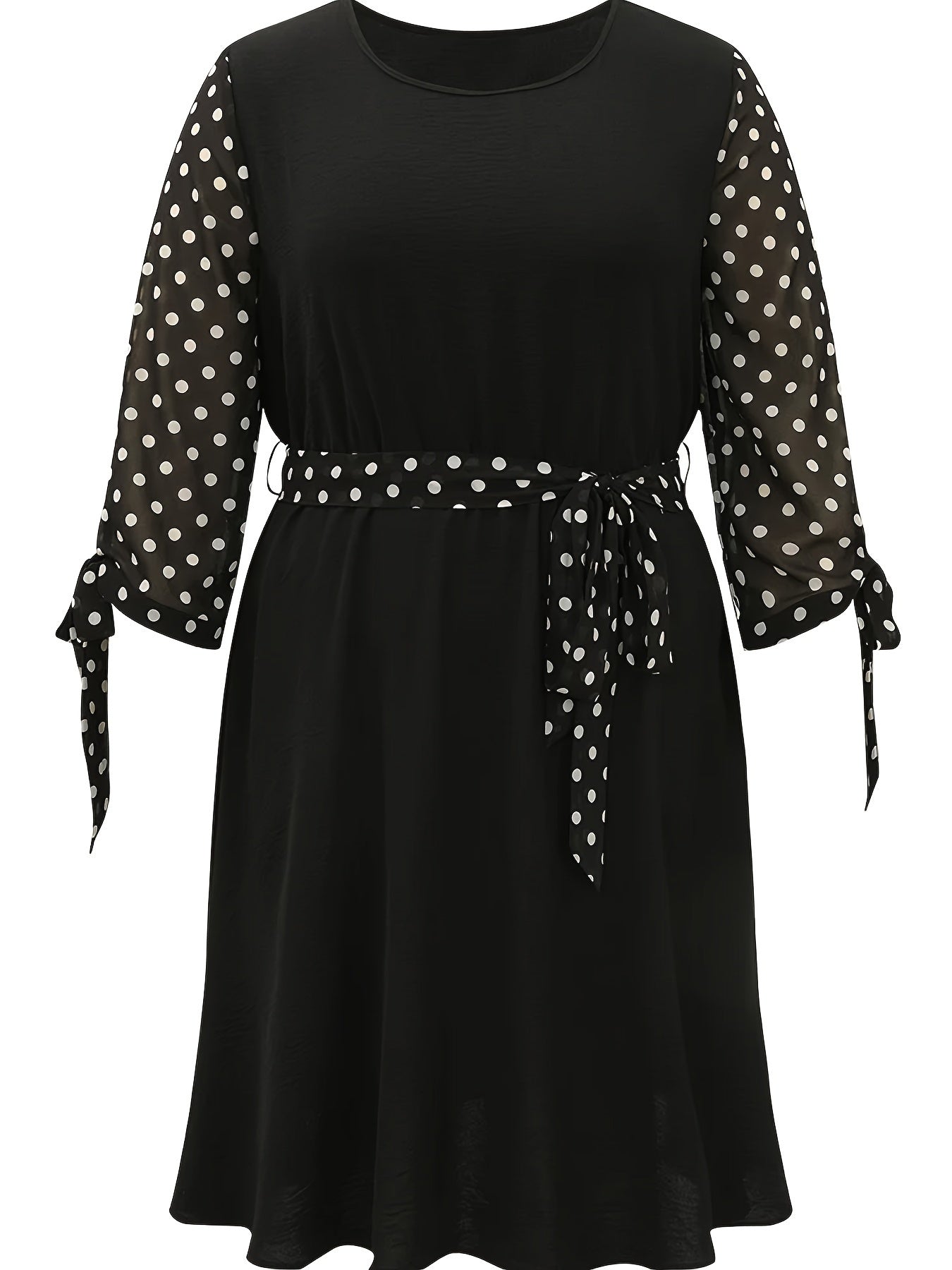 Plus Size Colorblock Dot Print Knot Sleeve Dress With Belt
