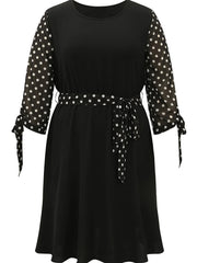 Plus Size Colorblock Dot Print Knot Sleeve Dress With Belt