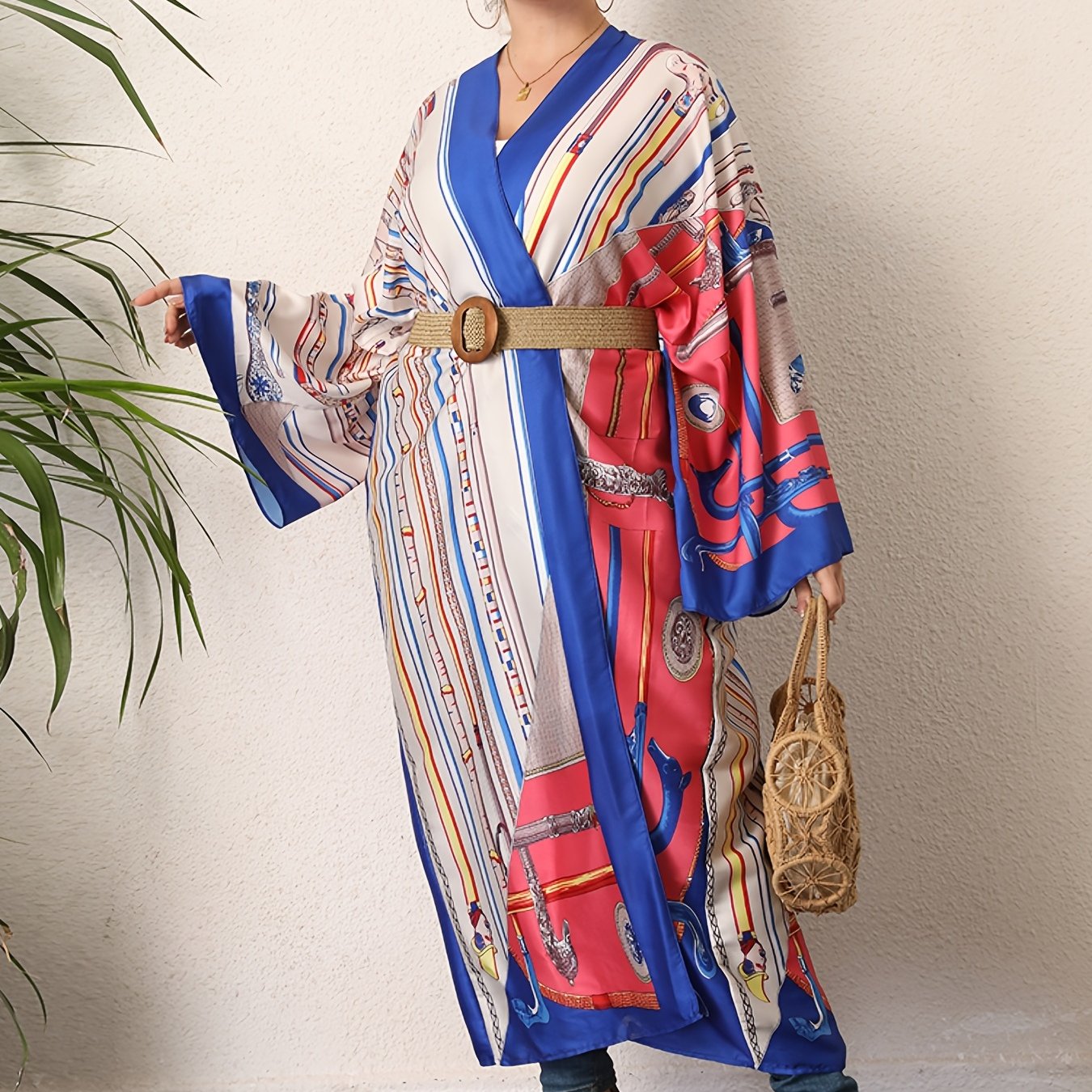 Boho Kimono Women's Plus Size Allover Print Long Sleeve Open Front Beachwear