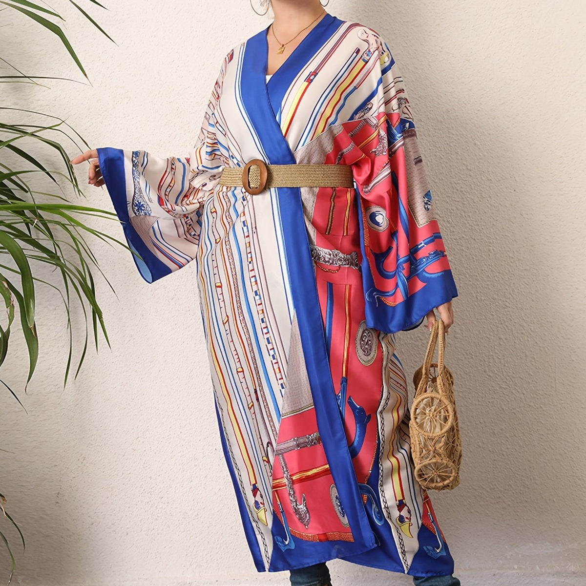 Boho Kimono Women's Plus Size Allover Print Long Sleeve Open Front Beachwear