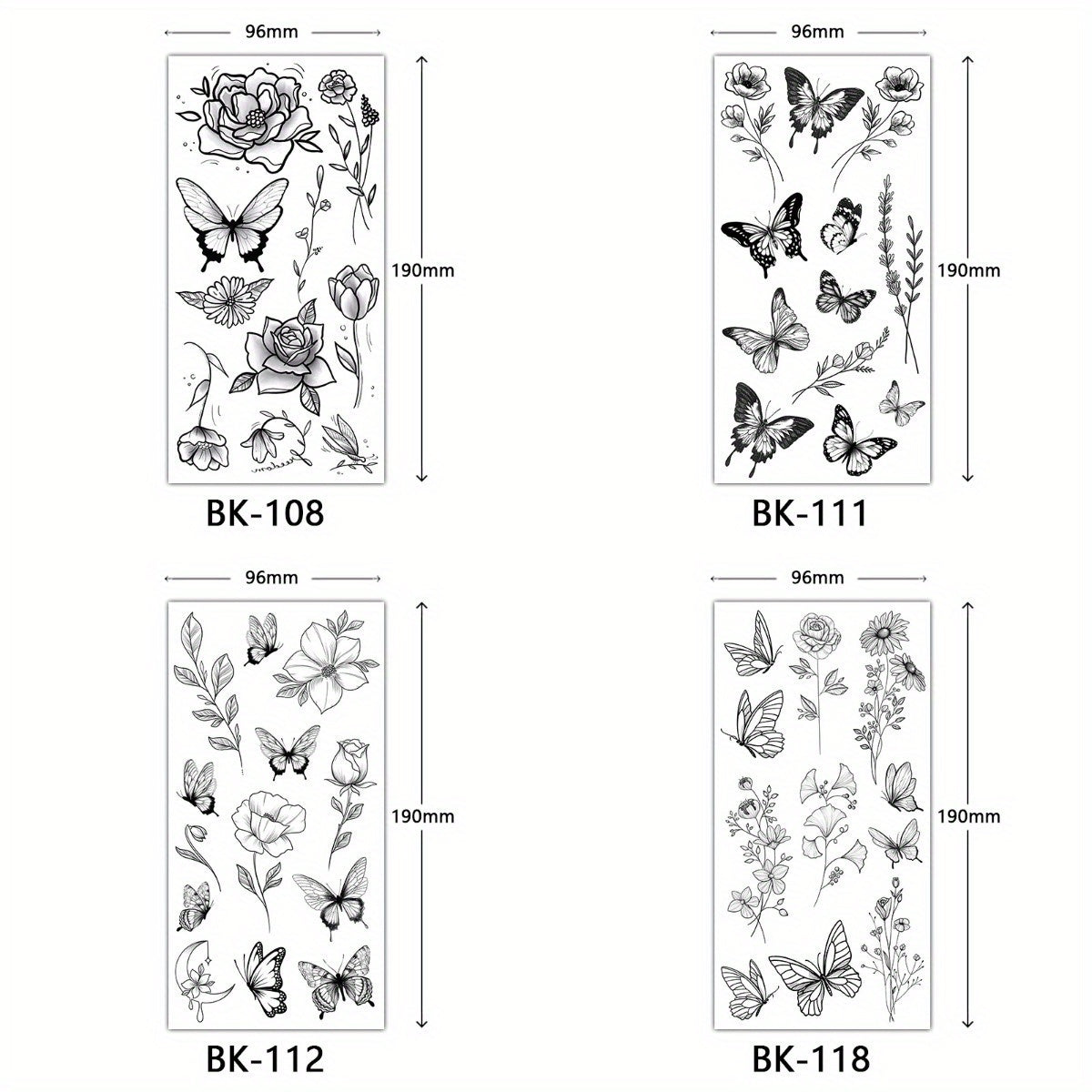 4 Piece Butterfly Flower Sketch Tattoo Stickers