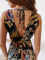 Boho Tropical Print Drawstring Sleeveless Maxi Dress Women's Clothing