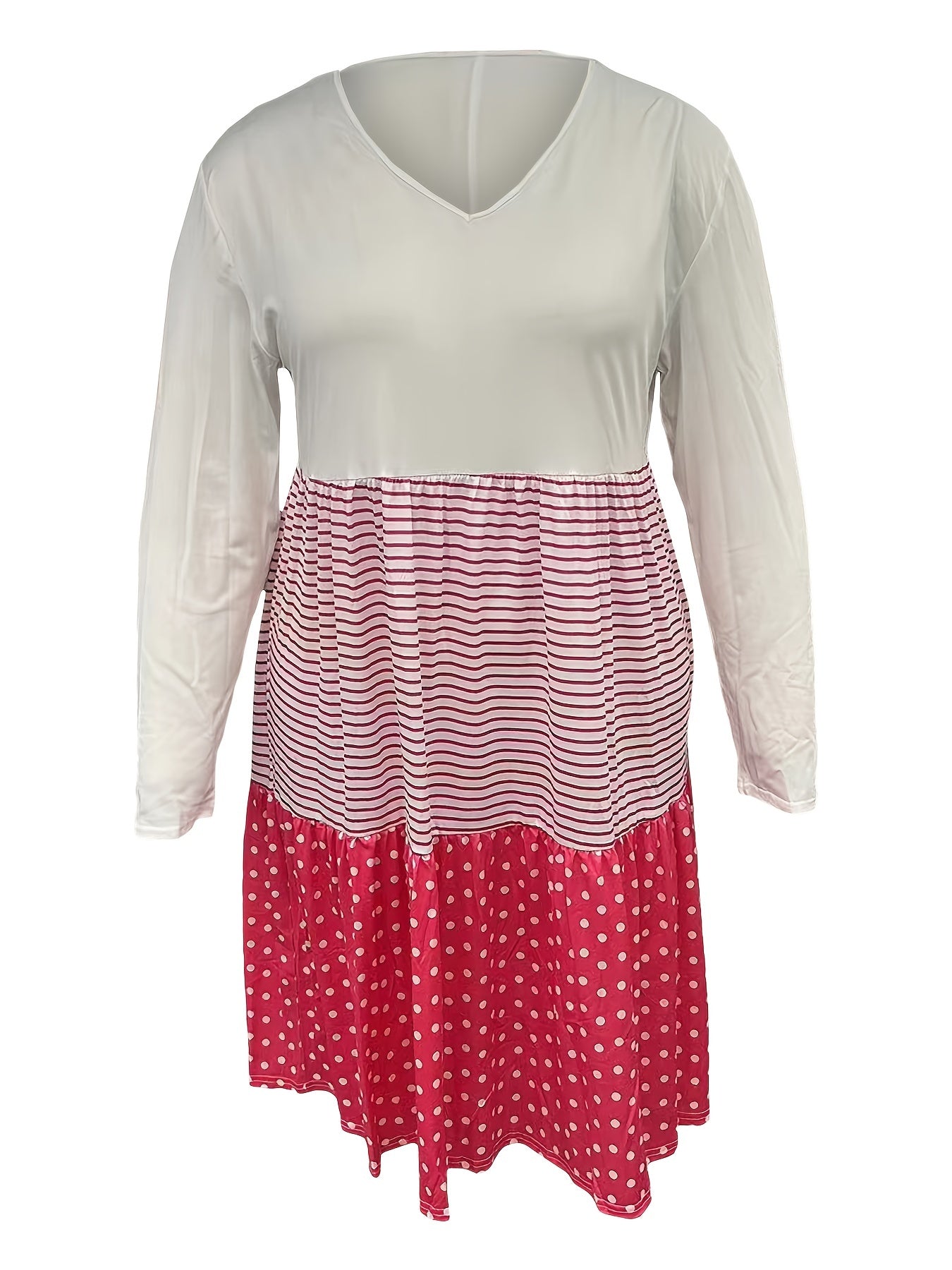 Women's Plus Stripe & Polka Dot Print V-Neck Long Sleeve Dress