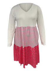 Women's Plus Stripe & Polka Dot Print V-Neck Long Sleeve Dress