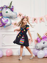 Girls Ruffles Butterfly Embroidery Rainbow Cotton Dress