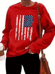  Flag Print Long Sleeve Round Neck Pullover Top