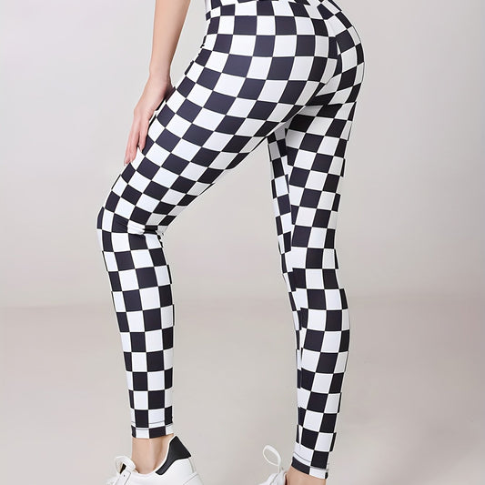 Plaid Print Sports Leggings High Stretch Yoga Running Pants