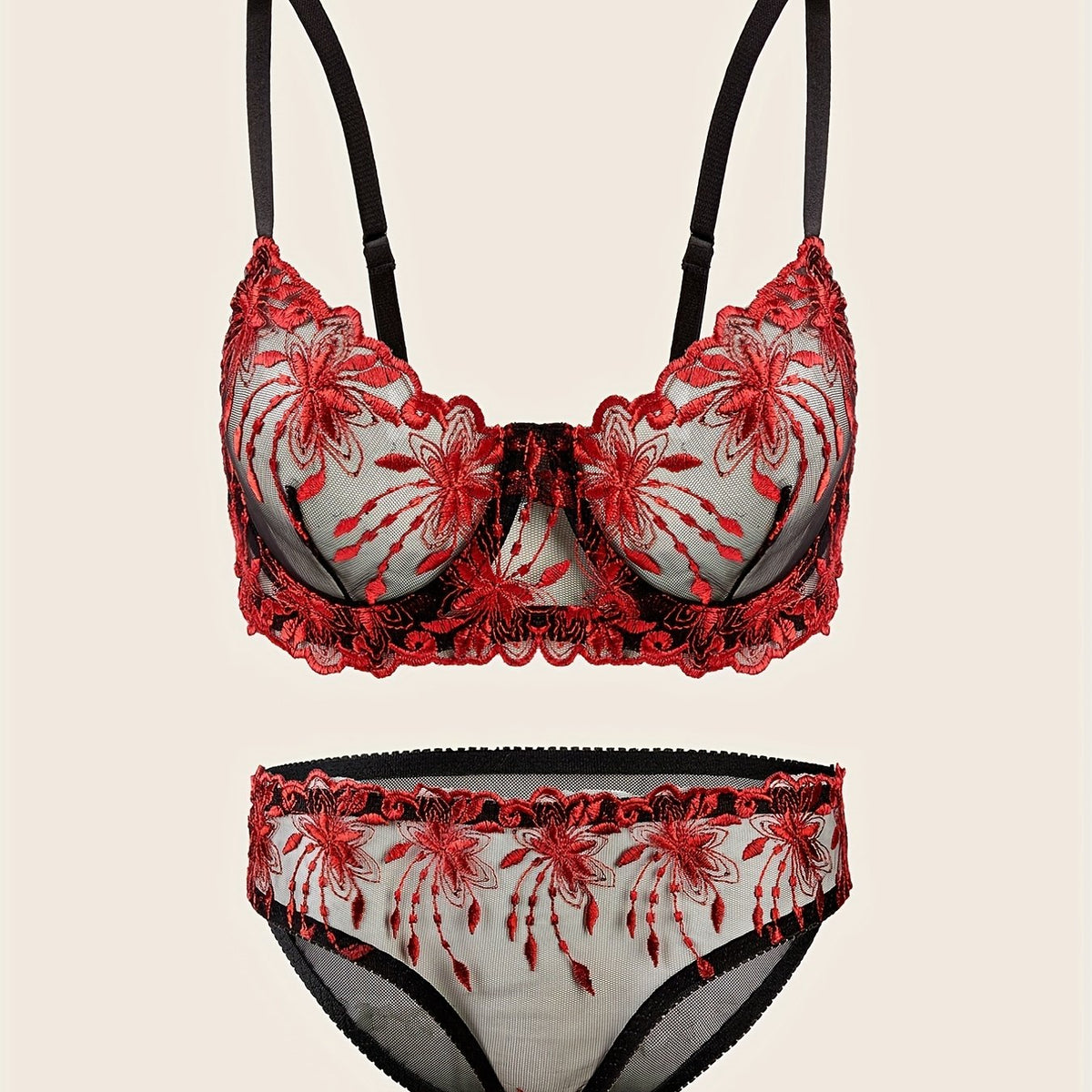 Floral Lace Lingerie Set Sheer Unlined Bra & Mesh Panties