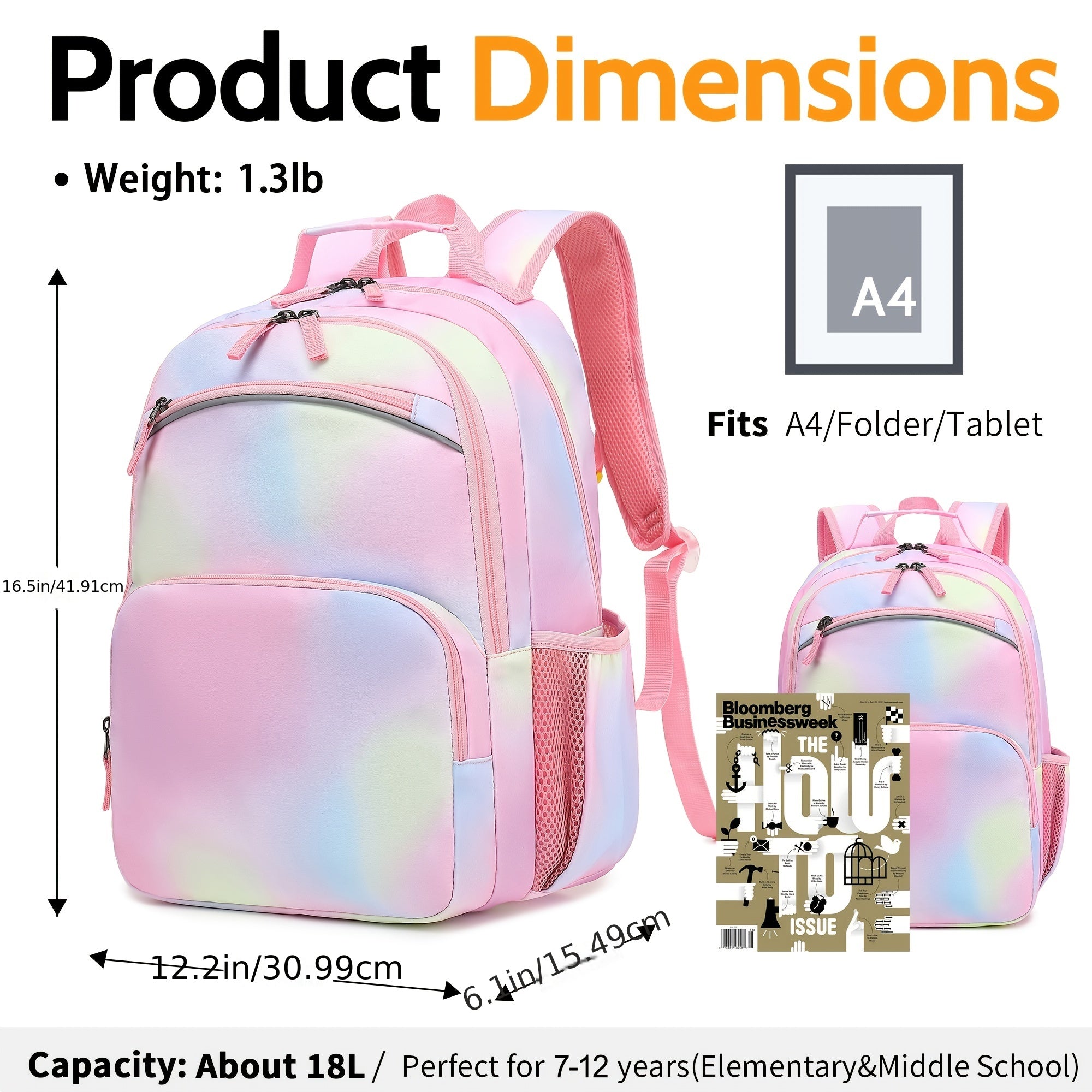 Kids Rainbow Pink School Backpack with Chest Strap and Whistle