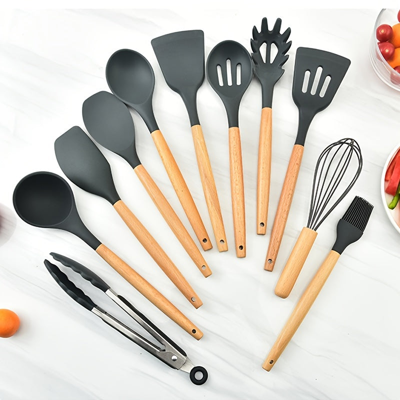 11pcs Silicone Wooden Handle Cooking Set Kitchen Tools