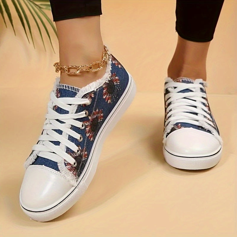 Floral Print Canvas Lace-Up Low Flat Casual Sporty Shoes