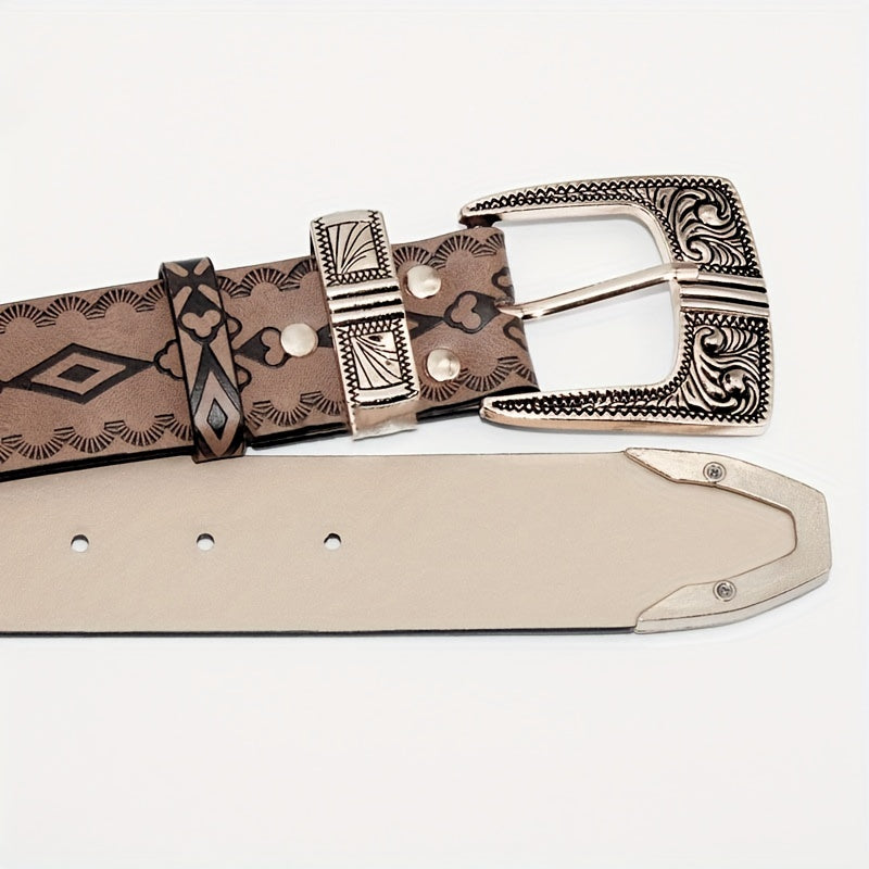 Vintage Embossed PU Belt Boho Carved Buckle Cowboy Cowgirl Waistband