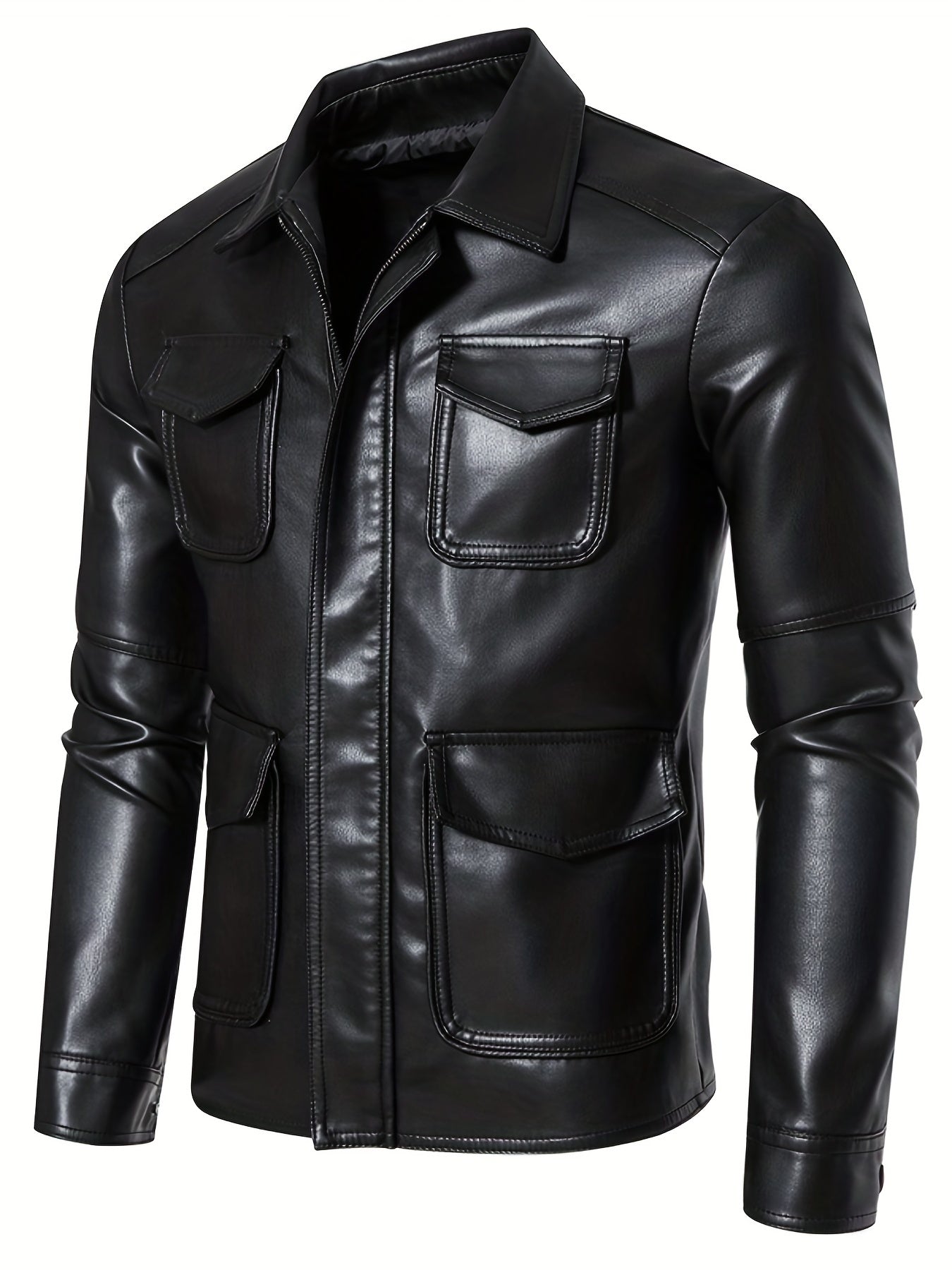 Men's Flap Pockets PU Biker Jacket