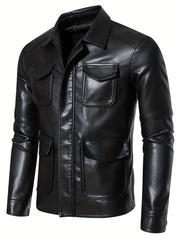Men's Flap Pockets PU Biker Jacket
