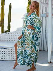 Boho Print V Neck Bat Sleeve Plus Size Dress