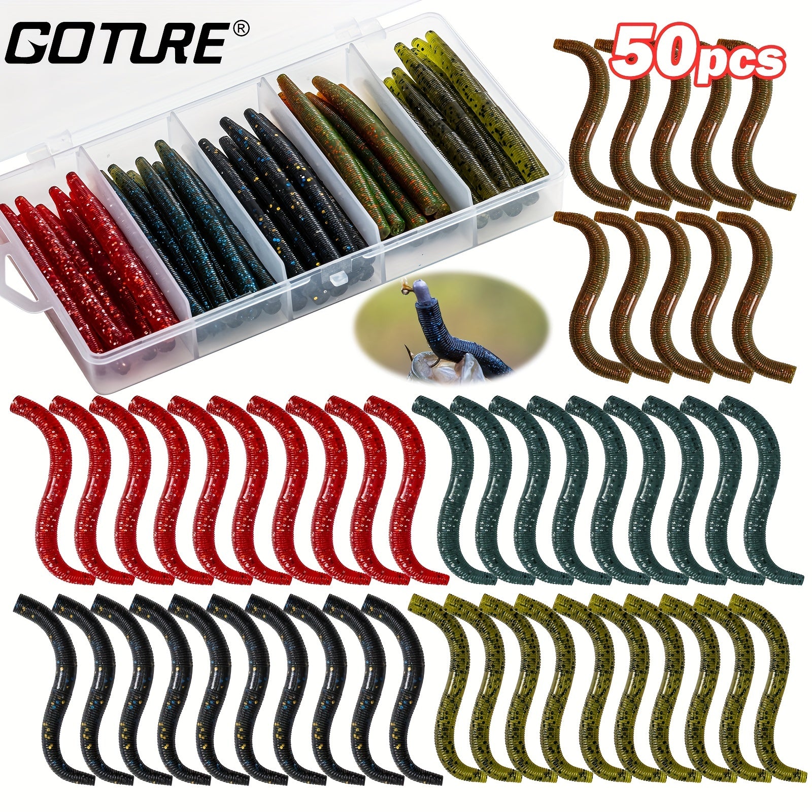 50pcs Senko Worms Fishing Lures Kit, Soft Plastic Bait for Bass Trout